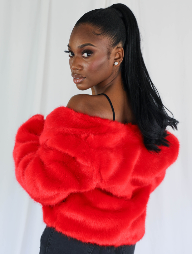 Red faux fur jacket hotsell